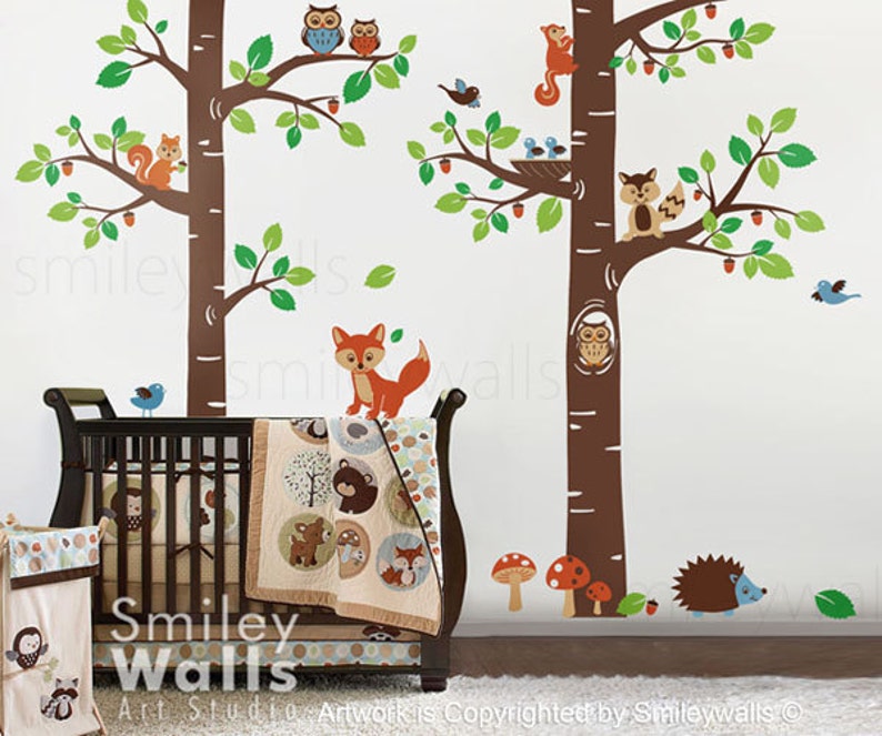 Woodland Wall Decal, Forest Animals wall decal Tree Tops Woodland Critters, Children Nursery Kids Playroom Vinyl Wall Decal Sticker zdjęcie 3