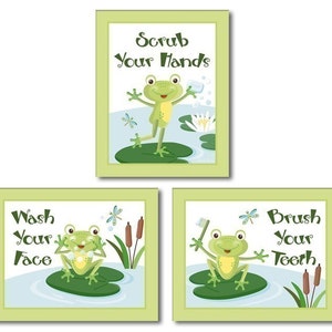 Kids Wall Art Nursery Decor Froggy Frog Set of 3 Bathroom Prints Wall Art image 1