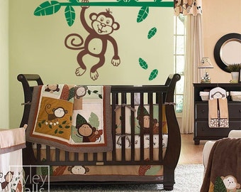 Jungle Monkey Holding Branch with Leaves - LARGE Vinyl Wall Decal for Kids