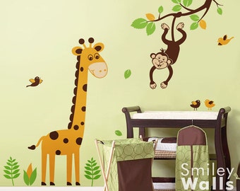 Jungle Muur decal, Monkey Wall Decal, Giraffe Wall Decal, Branch Wall Decal Kwekerij Decor Safari Wall Decal Jungle Dieren Wall Decal