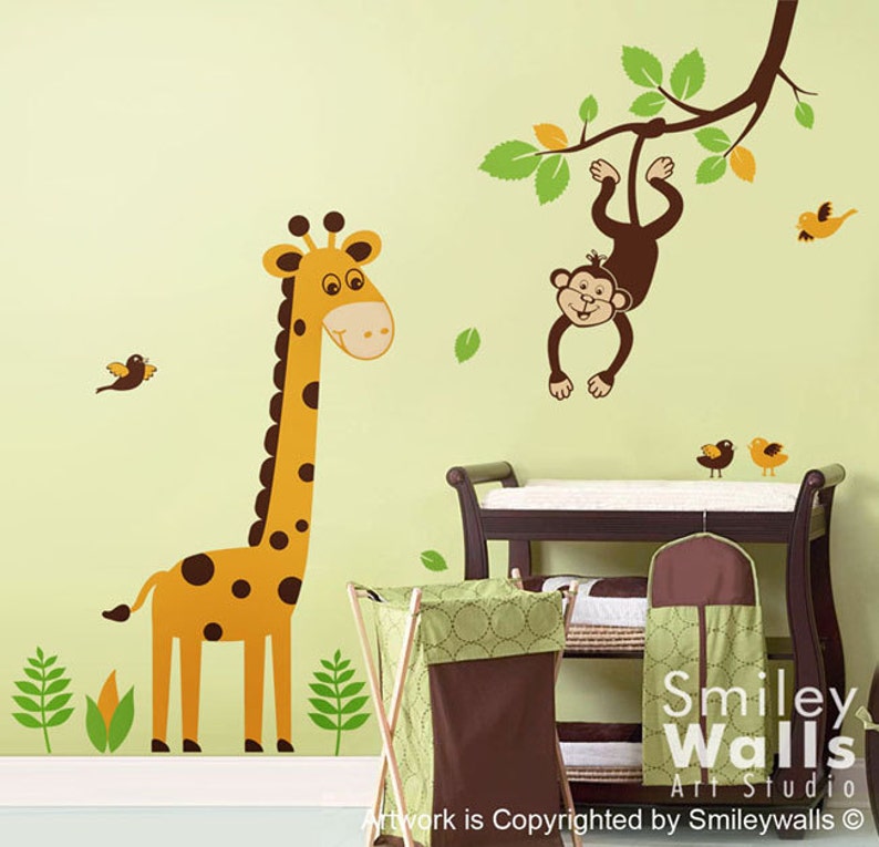 Jungle Wall decal, Monkey Wall Decal, Giraffe Wall Decal, Branch Wall Decal Nursery Decor Safari Wall Decal Jungle Animals Wall Decal image 1