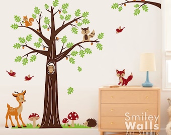 Nursery Wall Decal, Woodland Forest Animals Wall Decal, Tree Wall Decal,Bambi Deer Owls Squirrels Raccoon Baby Kids Room Art Decor