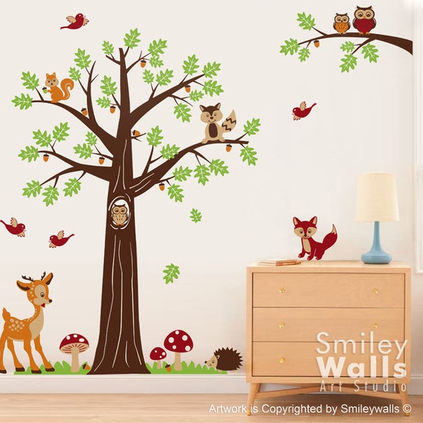 Nursery Wall Decal, Woodland Forest Animals Wall Decal, Tree Wall Decal,Bambi Deer Owls Squirrels Raccoon Baby Kids Room Art Decor