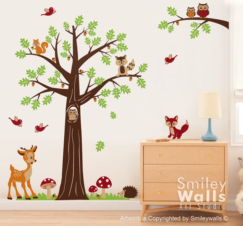 Nursery Wall Decal, Woodland Forest Animals Wall Decal, Tree Wall Decal,Bambi Deer Owls Squirrels Raccoon Baby Kids Room Art Decor image 1