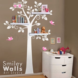 Shelf Tree Wall Decal Tree Wall Decal Shelving Tree Wall Decal Owls Children Wall Decal Nursery Decal Wall Sticker Shelves Tree Decal image 3