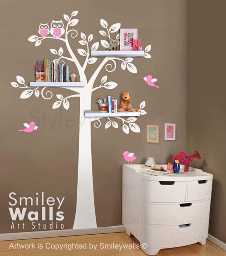 Shelf Tree Wall Decal Tree Wall Decal Shelving Tree Wall Decal Owls Children Wall Decal Nursery Decal Wall Sticker Shelves Tree Decal image 3