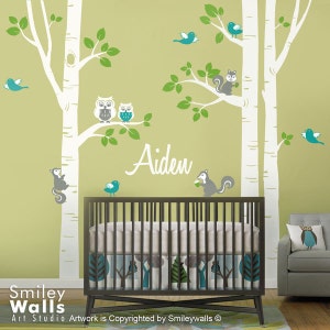 Nursery Wall Decal Birch Trees Wall Decal Forest Animals Wall Decal Kids Personalized Wall Decal Owsl Squirrels Birds Baby Room Art Decor image 2