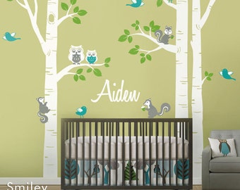 Nursery Wall Decal Birch Trees Forest Animals Kids Personalized Wall Decal Owsl Squirrels Birds Baby Room Art Decor