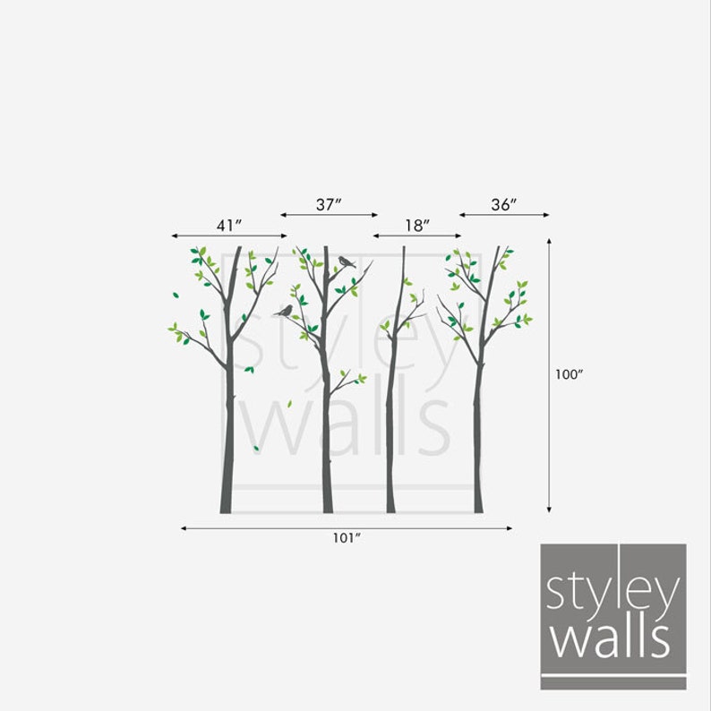 Forest Trees with Birds Wall Decal, Thin Birch Trees Wall Sticker, 100 inches, Nursery Kids Decor Vinyl Wall Decal Art, Trees Wall Decal image 2