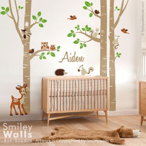 Birch Trees and Animals Wall Decal, Woodland Animals Trees Wall Decal, Birch Trees Sticker for Nursery Kids Room Decor, Owls and Squirrels image 1