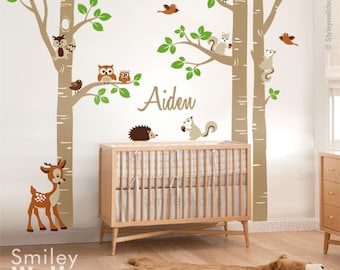 Birch Trees and Animals Wall Decal,  Woodland Animals Trees Wall Decal, Birch Trees Sticker for Nursery Kids Room Decor, Owls and Squirrels