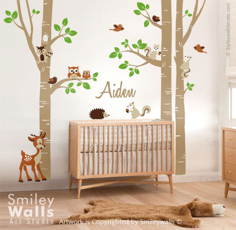 Birch Trees and Animals Wall Decal, Woodland Animals Trees Wall Decal, Birch Trees Sticker for Nursery Kids Room Decor, Owls and Squirrels image 1