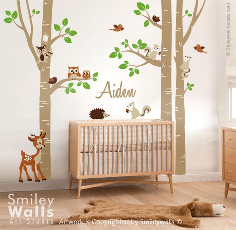 birch trees and animals wall decal woodland animals trees | etsy