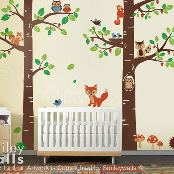 Woodland Wall Decal, Forest Animals wall decal Tree Tops Woodland Critters, Children Nursery Kids Playroom Vinyl Wall Decal Sticker