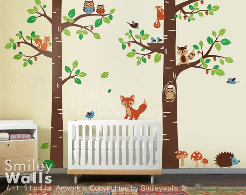 Woodland Wall Decal, Forest Animals wall decal Tree Tops Woodland Critters, Children Nursery Kids Playroom Vinyl Wall Decal Sticker zdjęcie 1