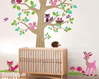 Woodland Animals Wall Decal, Forest Tree and Animals Wall Decal Sticker,Woodland Nursery Tree Wall Decal, Woodland Wall Decor for Baby Room