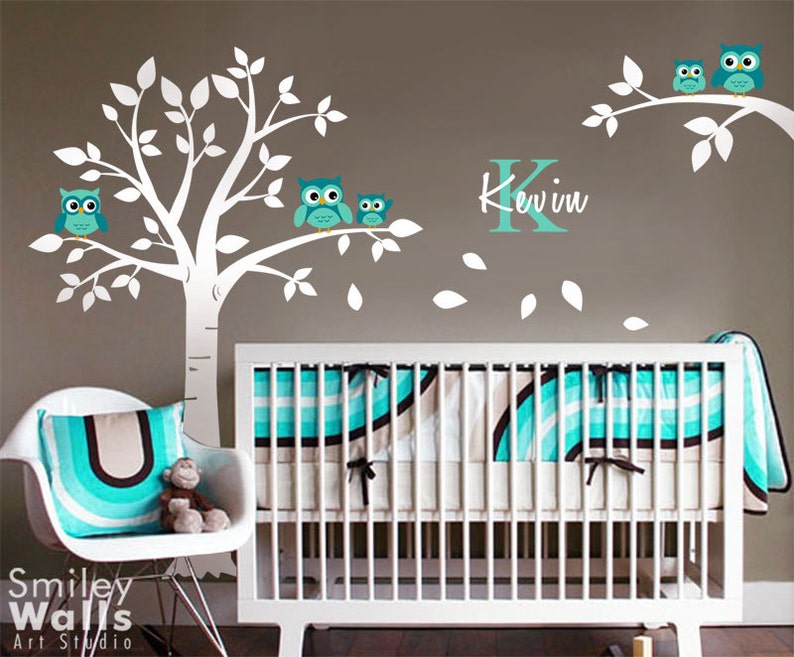 Owls Wall Decal, Nursery Owls Tree Wall Decal, Personalized Wall Decal, Branch Wall decal, Tree Wall decal, Nursery Wall Sticker Baby Room image 2