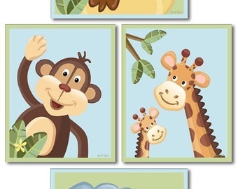 Jungle Animals Nursery Wall Art Baby Nursery Decor Prints, Kids Wall Art elephant giraffe monkey lion Set of 4 Nursery Art Prints