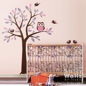 Kids Nursery Vinyl Wall Decal Art, Tree With Owl and Birds Wall Decal ...