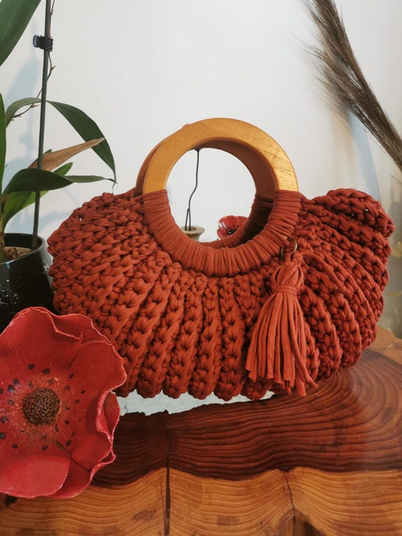 Sac crochet fait main poignée bois France