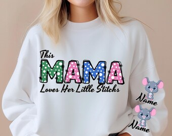 Custom Mama Sweatshirt with Stitch Character and Child Name on the Sleeve, Stitch Mother's Day Gift, Anniversary Gifts, Mother's Day GiftTee