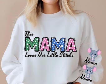 Custom Mama Sweatshirt with Stitch Character and Child Name on the Sleeve, Stitch Mother's Day Gift, Anniversary Gifts, Mother's Day GiftTee
