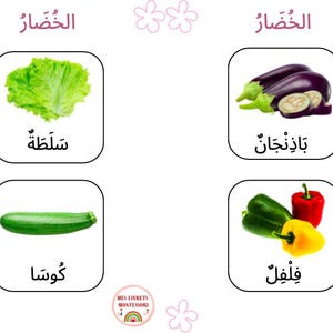 Cartes nomenclatures Montessori légumes - Arabe