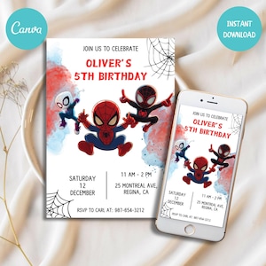 Convite de aniversário editável do Homem-Aranha | Convite digital para festa do Homem-Aranha | Cartão de aniversário infantil do Homem-Aranha | Modelo Canva do Homem-Aranha