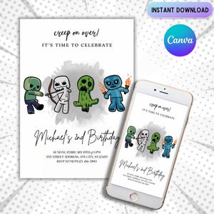 Minecrafter Birthday Invitations | Size 5X7 | Video Game Birthday Invitation | Birthday Card | Girl Boy Birthday | Pixelated Invite
