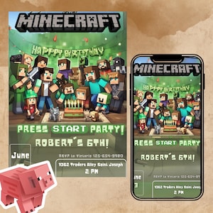 マインクラフトの誕生日招待状 | サイズ 5X7 | ビデオゲームの誕生日招待状 | 誕生日カード | 女の子と男の子の誕生日 | ピクセル化された招待状