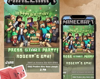 Minecrafter Birthday Invitations | Size 5X7 | Video Game Birthday Invitation | Birthday Card | Girl Boy Birthday | Pixelated Invite