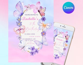 Butterfly Birthday Invitation, Girl Butterfly Party, Purple Butterfly Birthday Invite, First Birthday Invitation, Editable Canva Template