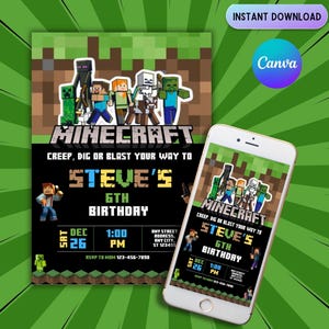 Convites de aniversário do Minecrafter | Tamanho 5X7 | Convite de aniversário de videogame | Cartão de aniversário | Aniversário de menina e menino | Convite pixelado