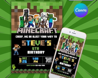 Minecrafter Birthday Invitations | Size 5X7 | Video Game Birthday Invitation | Birthday Card | Girl Boy Birthday | Pixelated Invite