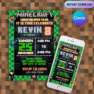 Minecrafter Geburtstagseinladungen | Größe 13X18 | Videospiel-Geburtstagseinladung | Geburtstagskarte | Mädchen Jungen Geburtstag | Pixelart Einladen