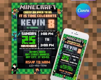 Minecrafter Birthday Invitations | Size 5X7 | Video Game Birthday Invitation | Birthday Card | Girl Boy Birthday | Pixelated Invite
