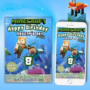 Invitations d'anniversaire Minecrafter | Carte d'anniversaire de jeu vidéo | Modèle d'invitation Minecraft modifiable | Anniversaire fille garçon | Téléchargement numérique