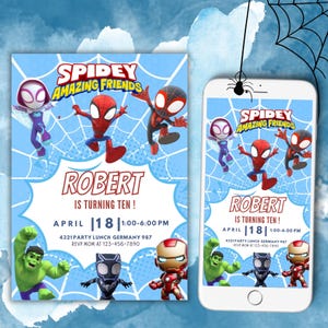 Invito di compleanno di Spidey / Invito di compleanno di supereroi / Invito per la festa di compleanno di Spidey e i suoi fantastici amici / Personalizzabile Canva