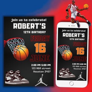 Invitation d'anniversaire de basket-ball | Carte d'anniversaire imprimable de basket-ball | Invitation sportive | Invitation numérique de basket-ball | Toile modifiable
