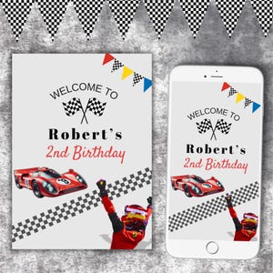 Verjaardagsuitnodiging autorace | Uitnodigingskaart Speed Racing voor kinderen | Verjaardagsfeestje raceauto jongen | Bewerkbare canvas verjaardagssjabloon | Downloaden