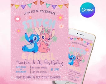 Stitch and Angel Birthday Invitation, Kids Party (Editable Canva Template)