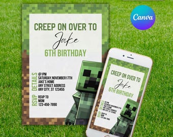Minecrafter Birthday Invitations | Size 5X7 | Video Game Birthday Invitation | Birthday Card | Girl Boy Birthday | Pixelated Invite