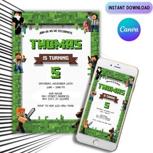Minecrafter Birthday Invitations | Size 5X7 | Video Game Birthday Invitation | Birthday Card | Girl Boy Birthday | Pixelated Invite