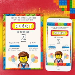 May include: A colorful invitation for a birthday party with a Lego theme. The invitation features a Lego minifigure holding balloons and the text "You're an important piece of the celebration! Robert is turning 2. August 30th, 2-4 PM, 123 Lego Street, 567 Houston Texas, RSVP to Mom 123-456-789."