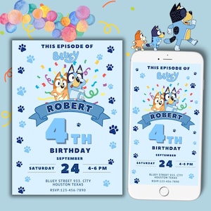 Invitation d'anniversaire de Bluey | Invitation d'anniversaire de fête de garçons de | Faire-part d'anniversaire personnalisé pour enfants | Invitation fête numérique | Modifiable