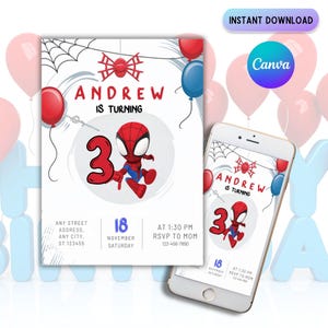 Invitación de cumpleaños de Spiderman / Invitación móvil editable de Spiderman / Tarjeta de cumpleaños para niños / Tarjeta de Spiderman / Fiesta de cumpleaños de Spiderman para niños