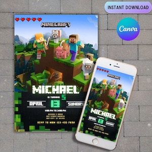 Convites de aniversário do Minecrafter | Tamanho 5X7 | Convite de aniversário de videogame | Cartão de aniversário | Aniversário de menina e menino | Convite pixelado