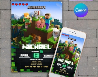 Minecrafter Birthday Invitations | Size 5X7 | Video Game Birthday Invitation | Birthday Card | Girl Boy Birthday | Pixelated Invite