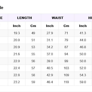 May include: A size guide chart with black text on a white background. The table lists US sizes from S to 5XL with corresponding length, waist, and hip measurements in both inches and centimetres. The columns are labelled US SIZE, LENGTH, WAIST, and HIP.