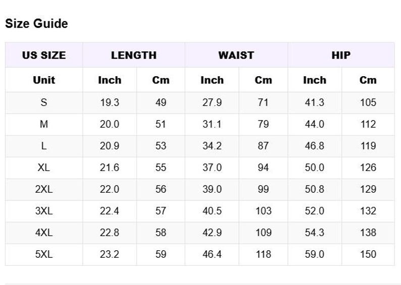May include: A size guide chart with black text on a white background. The table lists US sizes from S to 5XL with corresponding length, waist, and hip measurements in both inches and centimetres. The columns are labelled US SIZE, LENGTH, WAIST, and HIP.